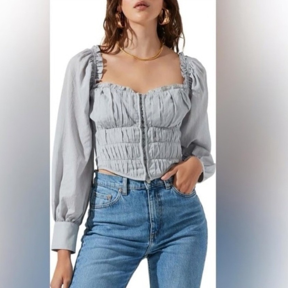 ASTR the Label Corset Top Womens Large Dusty Blue Smocked Peasant Sleeve